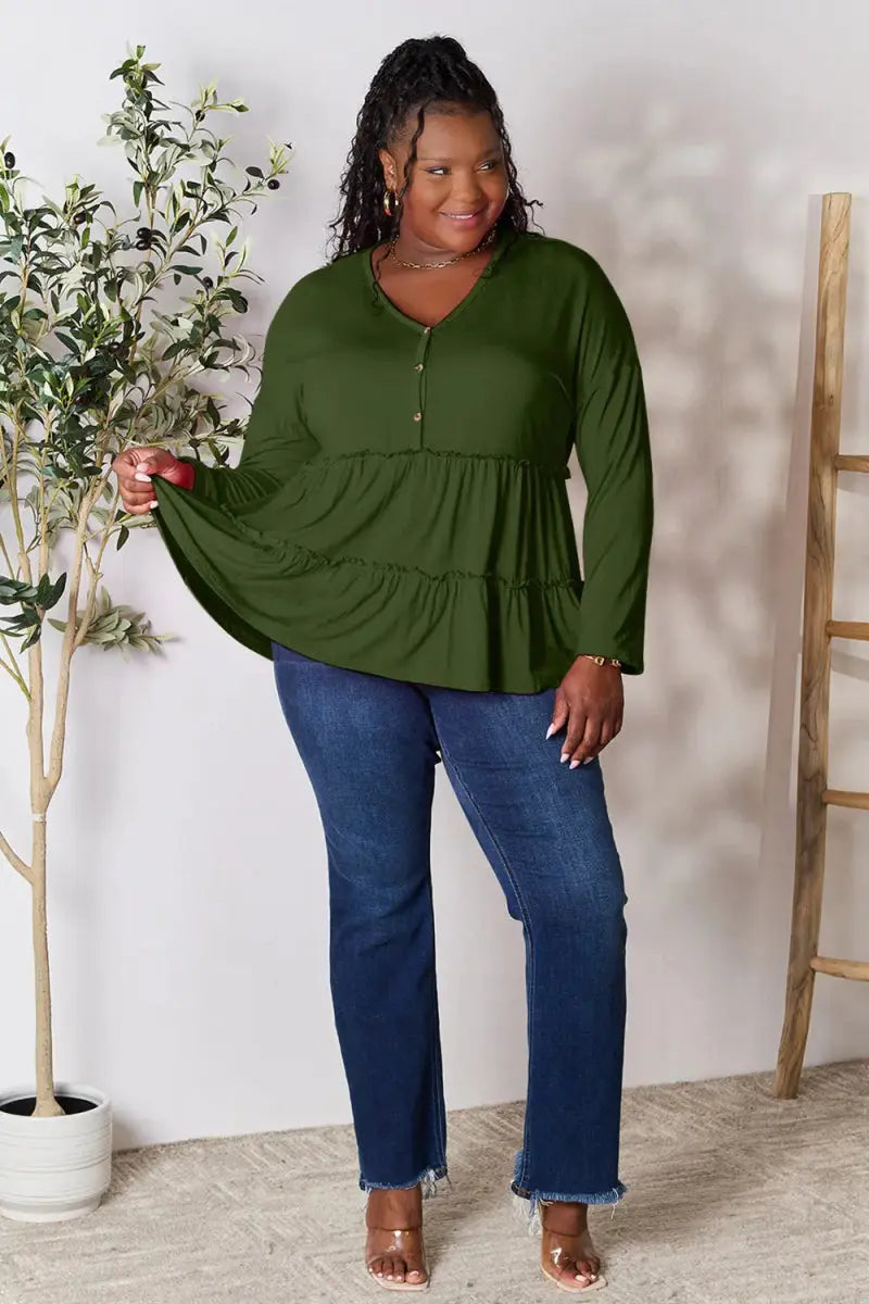 Double Take Half Button Long Sleeve Ruffle Hem Blouse - Love Salve